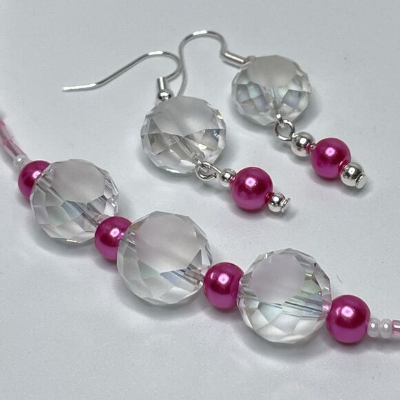 Artisan White Crystal Glass Pink Glass Pearl Seed Bead Necklace Earrings Set - Picture 6 of 10